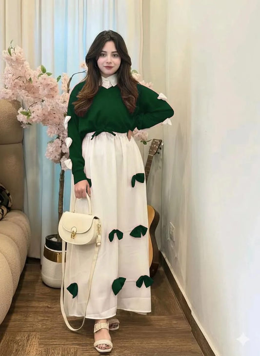 Girls Georgette Bow Top Maxi Set Green White