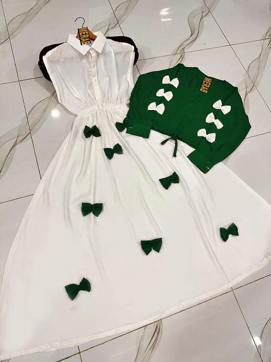 Girls Georgette Bow Top Maxi Set Green White